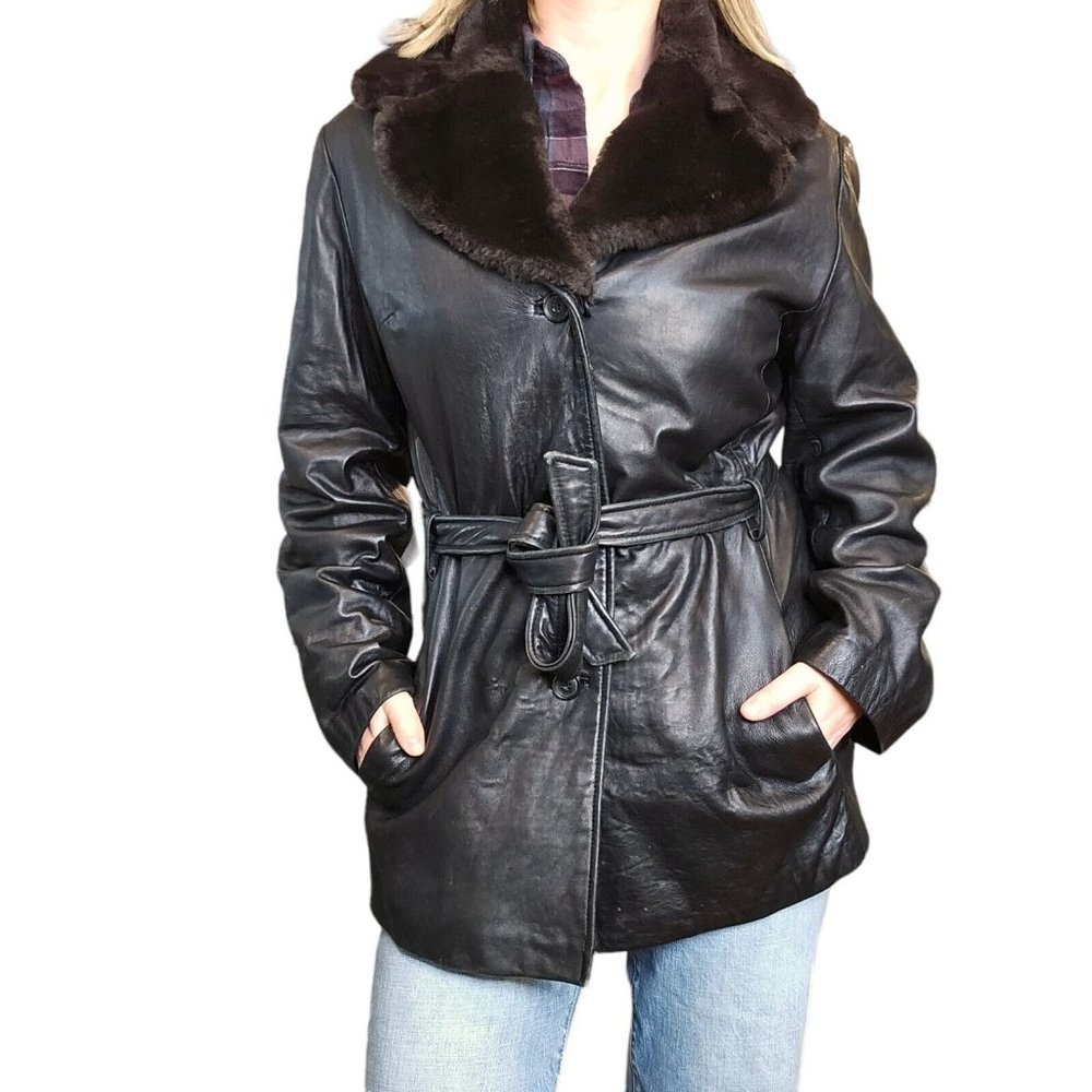 90s Lamb‎ Leather Medium Dark Brown Trench Coat Faux Fur Collar Penny Lane
